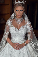 Romantic Sequined Pattern A line Wedding Dress V Neck Sleeveless Crystal Gowns-Ballbella
