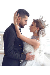 Romantic Sequined Pattern A line Wedding Dress V Neck Sleeveless Crystal Gowns-Ballbella