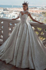 Romantic Sequined Pattern A line Wedding Dress V Neck Sleeveless Crystal Gowns-Ballbella