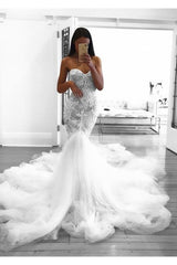 Romantic Sweetheart Lace White Sheer Wedding Dress Mermaid Bridal Gown-Ballbella