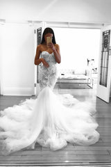 Romantic Sweetheart Lace White Sheer Wedding Dress Mermaid Bridal Gown-Ballbella