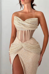 Romantic Sweetheart Strapless Sleeveless Mermaid Prom Dresses Column With High Split-Ballbella