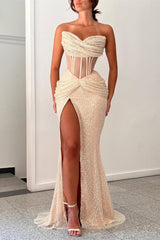Romantic Sweetheart Strapless Sleeveless Mermaid Prom Dresses Column With High Split-Ballbella
