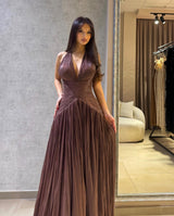 Romantic V-Neck Halter Sleeveless Prom Dresses A-Line Long With Pleats-Ballbella