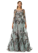 Round A-line Floor-length Long Sleeve Beading Appliques Lace Prom Dress-Ballbella