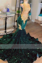 Round neck Dark Green Mermaid Court Train Sleeveless Prom Dresses-Ballbella
