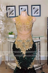 Round neck Dark Green Mermaid Court Train Sleeveless Prom Dresses-Ballbella