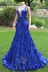 Round neck Royal Blue Mermaid Sequin Sparkle Prom Dresses-Ballbella