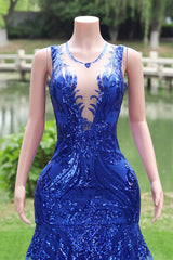 Round neck Royal Blue Mermaid Sequin Sparkle Prom Dresses-Ballbella
