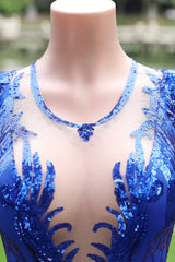 Round neck Royal Blue Mermaid Sequin Sparkle Prom Dresses-Ballbella