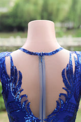 Round neck Royal Blue Mermaid Sequin Sparkle Prom Dresses-Ballbella