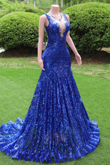 Round neck Royal Blue Mermaid Sequin Sparkle Prom Dresses-Ballbella