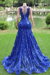 Round neck Royal Blue Mermaid Sequin Sparkle Prom Dresses-Ballbella