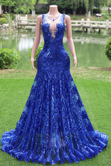 Round neck Royal Blue Mermaid Sequin Sparkle Prom Dresses-Ballbella