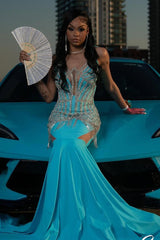 Round neck Silver Beaded Blue Mermaid Floor length Prom Dresses-Ballbella