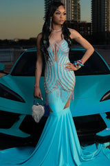 Round neck Silver Beaded Blue Mermaid Floor length Prom Dresses-Ballbella