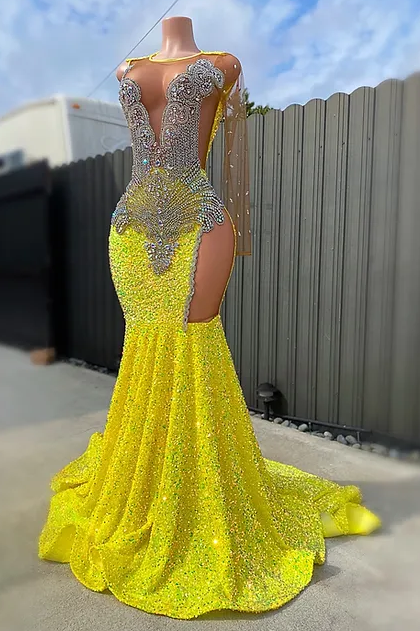 Round neck Silver Beaded Mermaid Yellow Sequin Prom Dresses Round neck Silver Beaded Mermaid Yellow Sequin Prom Dresses
