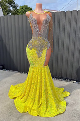 Round neck Silver Beaded Mermaid Yellow Sequin Prom Dresses-Ballbella