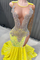 Round neck Silver Beaded Mermaid Yellow Sequin Prom Dresses-Ballbella