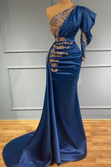 Royal Blue Asymmetric One Shoulder Stretch Satin Evening Prom Dresses with Appliques-Ballbella