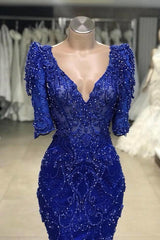 Royal blue Beaded Lace appliques 1/2 sleeve Mermaid Prom Party Gowns-Ballbella