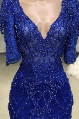 Royal blue Beaded Lace appliques 1/2 sleeve Mermaid Prom Party Gowns-Ballbella