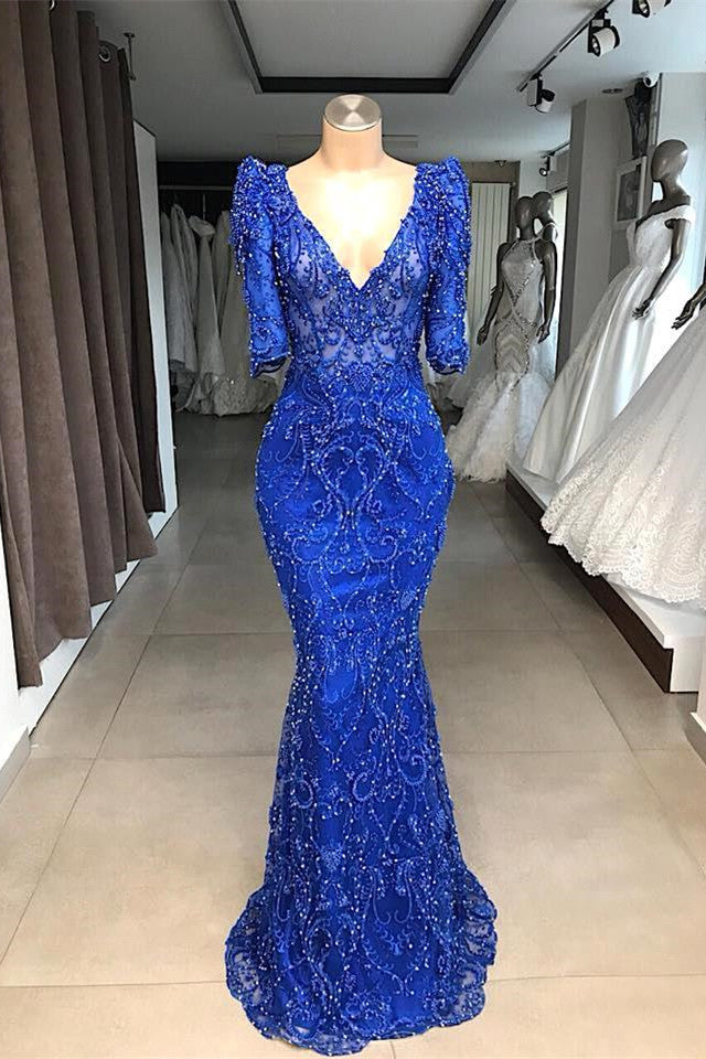 Royal blue Beaded Lace appliques 1/2 sleeve Mermaid Prom Party Gowns Royal blue Beaded Lace appliques 1/2 sleeve Mermaid Prom Party Gowns