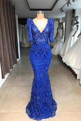 Royal blue Beaded Lace appliques 1/2 sleeve Mermaid Prom Party Gowns-Ballbella