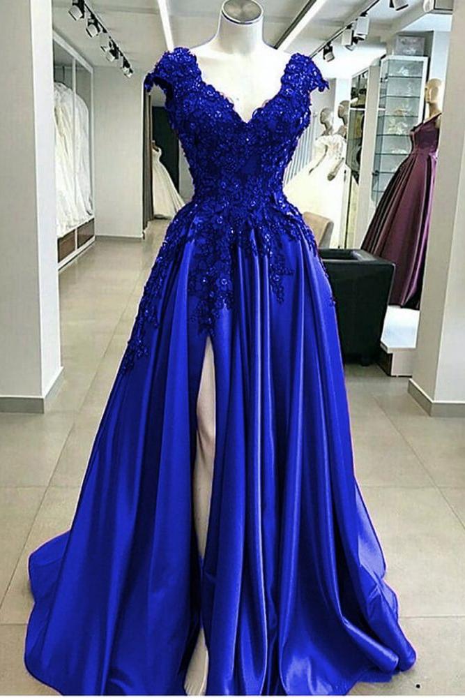 Royal Blue Cap sleeves V-neck High split A-line Evening Dresses