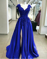 Royal Blue Cap sleeves V-neck High split A-line Evening Dresses-Ballbella