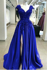 Royal Blue Cap sleeves V-neck High split A-line Evening Dresses-Ballbella