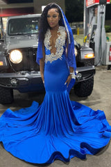 Royal Blue Deep V-neck Mermaid Court Train Long Prom Dresses-Ballbella