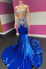 Royal Blue Halter Velvet Mermaid Silver Beaded Prom Dresses-Ballbella