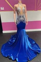 Royal Blue Halter Velvet Mermaid Silver Beaded Prom Dresses-Ballbella