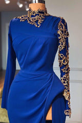 Royal Blue High Neck Side Slit Mermaid Prom Dresses Elegant Long Sleevess Appliques Evening Gowns-Ballbella