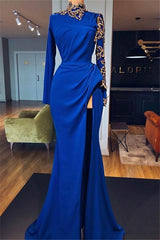 Royal Blue High Neck Side Slit Mermaid Prom Dresses Elegant Long Sleevess Appliques Evening Gowns-Ballbella