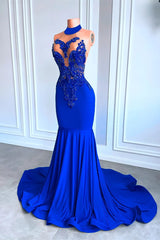 Royal Blue High Neck Sleeveless Mermaid Prom Dress with Beadings-Ballbella