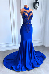 Royal Blue High Neck Sleeveless Mermaid Prom Dress with Beadings-Ballbella