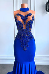 Royal Blue High Neck Sleeveless Mermaid Prom Dress with Beadings-Ballbella