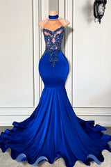 Royal Blue High Neck Sleeveless Mermaid Prom Dress with Beadings-Ballbella