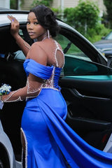 Royal Blue Long Sleeves Star Beadings Mermaid Side Slit Prom Dress-Ballbella