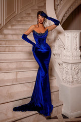 Royal Blue Long Velvet Beading Sleeveless Mermaid Prom Dresses-Ballbella