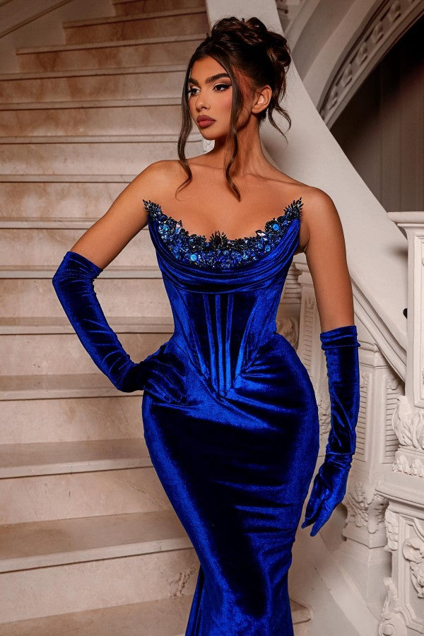 Royal Blue Long Velvet Beading Sleeveless Mermaid Prom Dresses-Ballbella