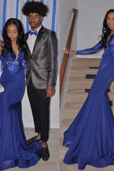 Royal Blue Mermaid Prom Party Gowns Sequined V-Neck Party Wear-Ballbella