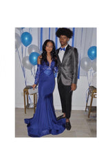 Royal Blue Mermaid Prom Party Gowns Sequined V-Neck Party Wear-Ballbella