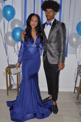Royal Blue Mermaid Prom Party Gowns Sequined V-Neck Party Wear-Ballbella