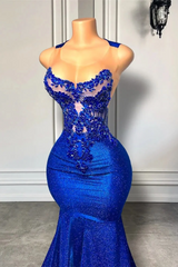 Royal Blue Round neck Mermaid Court Train Prom Dresses-Ballbella