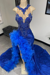 Royal Blue Ruffles High Split Court Train Sleeveless Hugh neck Prom Dresses-Ballbella