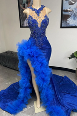 Royal Blue Ruffles High Split Court Train Sleeveless Hugh neck Prom Dresses-Ballbella