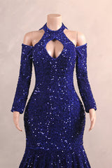 Royal Blue Sequin Mermaid High Neck Keyhole Prom Dresses-Ballbella